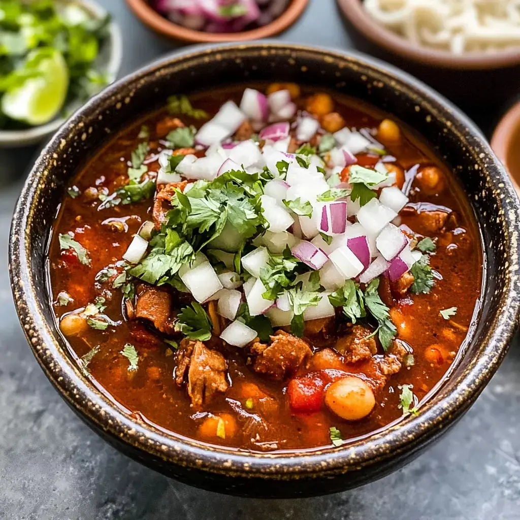 Un delicioso plato de pozole decorado con cilantro fresco y cebolla picada, acompañado de limón y otros toppings variados.