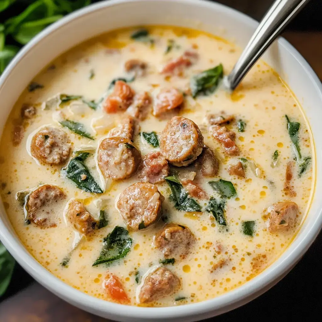 Una sopa cremosa con rebanadas de salchicha, espinacas y trozos de tomate servida en un plato blanco.