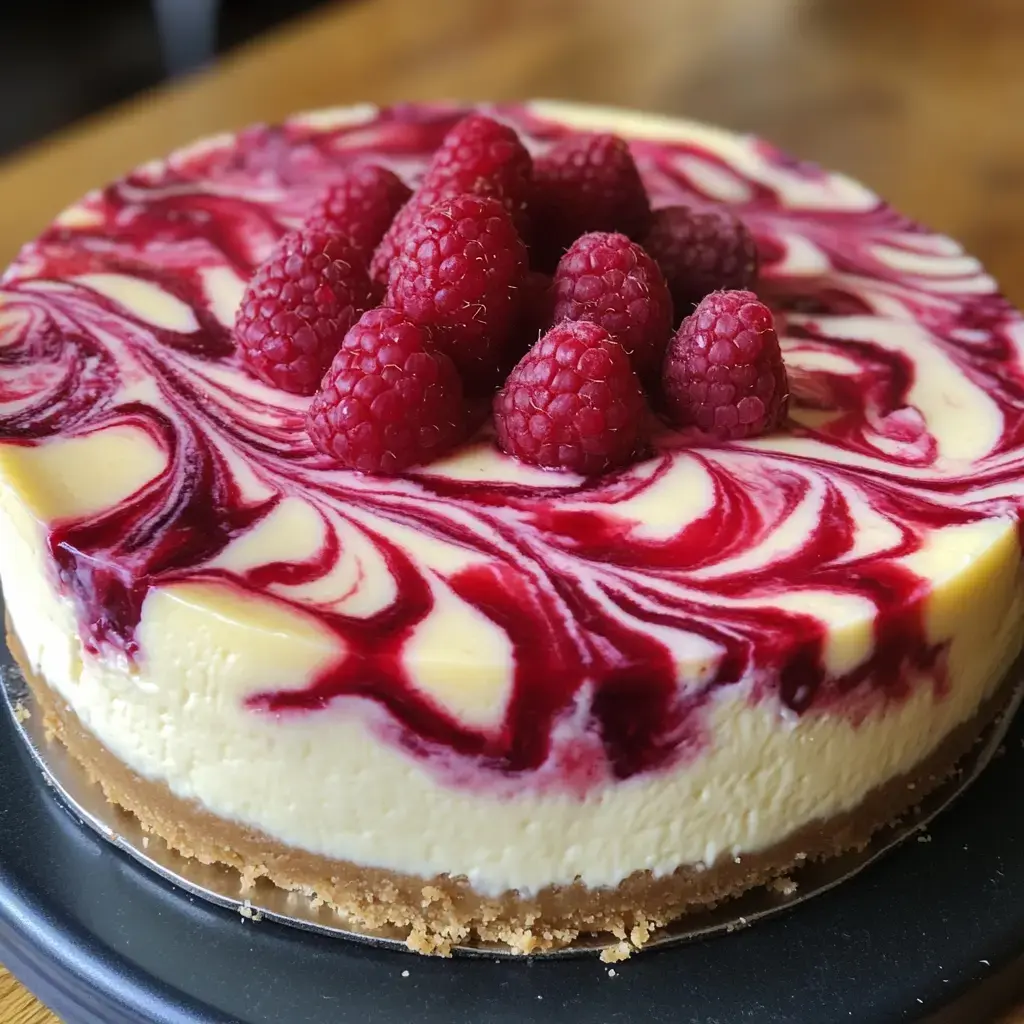 Un cheesecake cremoso decorado con remolinos de frambuesa y frambuesas frescas.