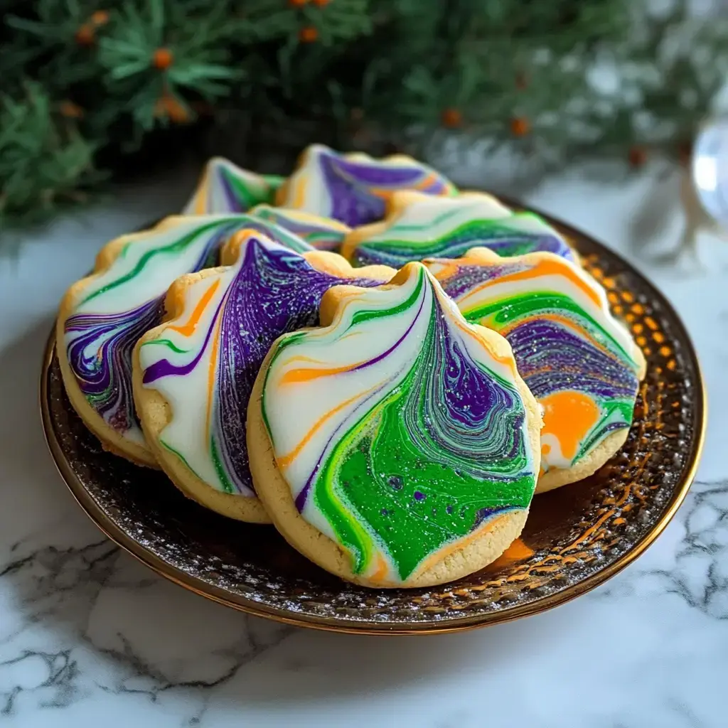Un plato con galletas decoradas de colores vivos en tonos púrpura, verde y naranja sobre una superficie de mármol.