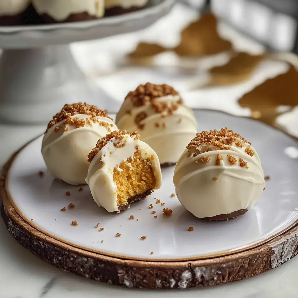 Un plato con pequeñas bolitas cubiertas de chocolate blanco. Algunas están mordidas, mostrando un relleno dorado con trozos crujientes encima.