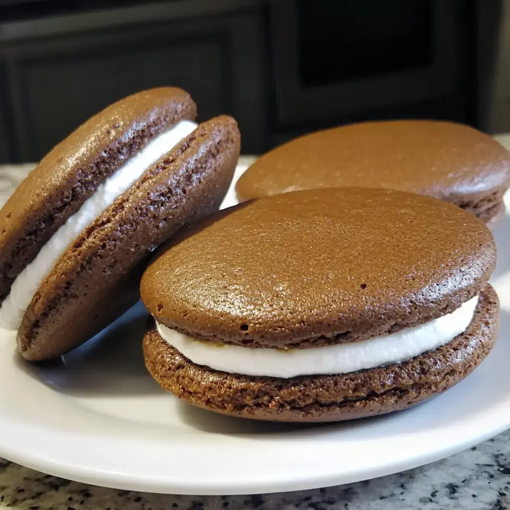 Un plato con whoopies de chocolate y relleno blanco se exhibe sobre una encimera.