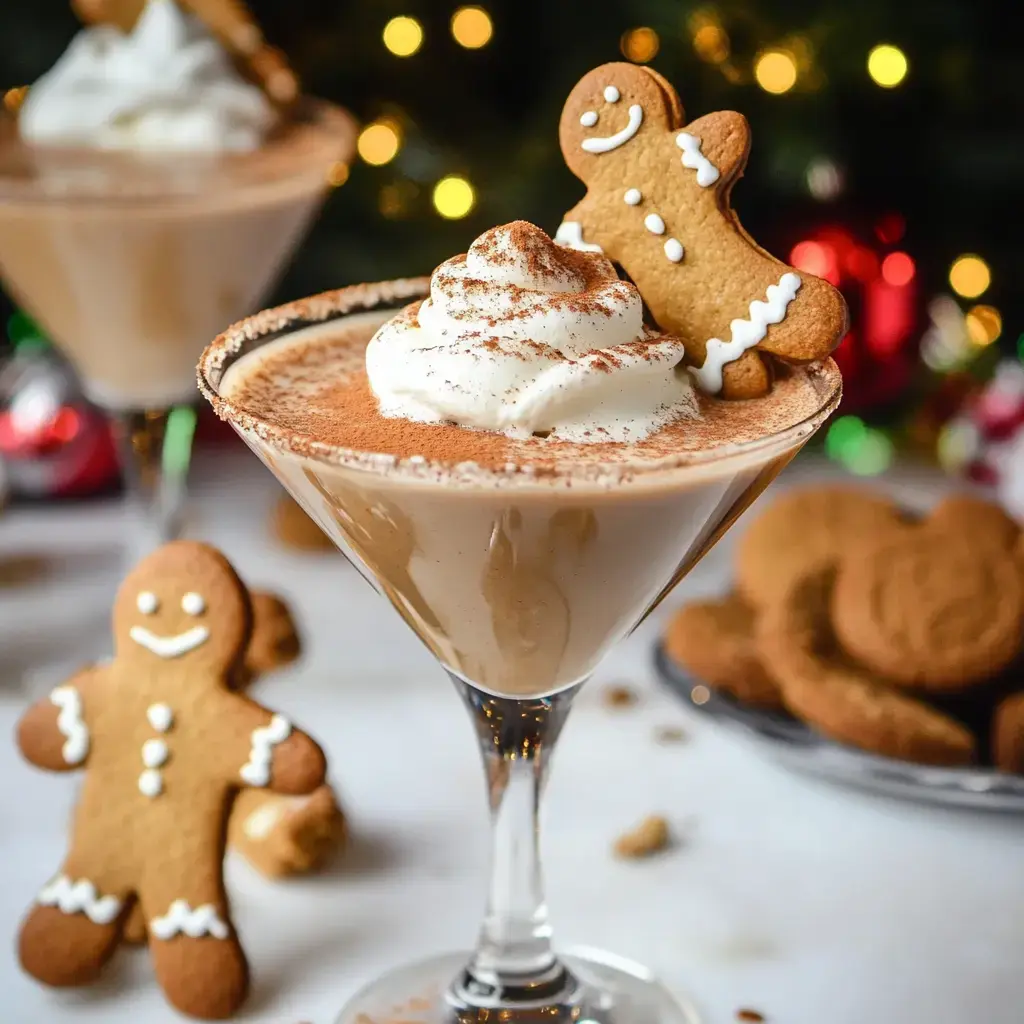 Un cóctel festivo decorado con crema batida y una galleta de jengibre frente a un fondo temático navideño desenfocado.