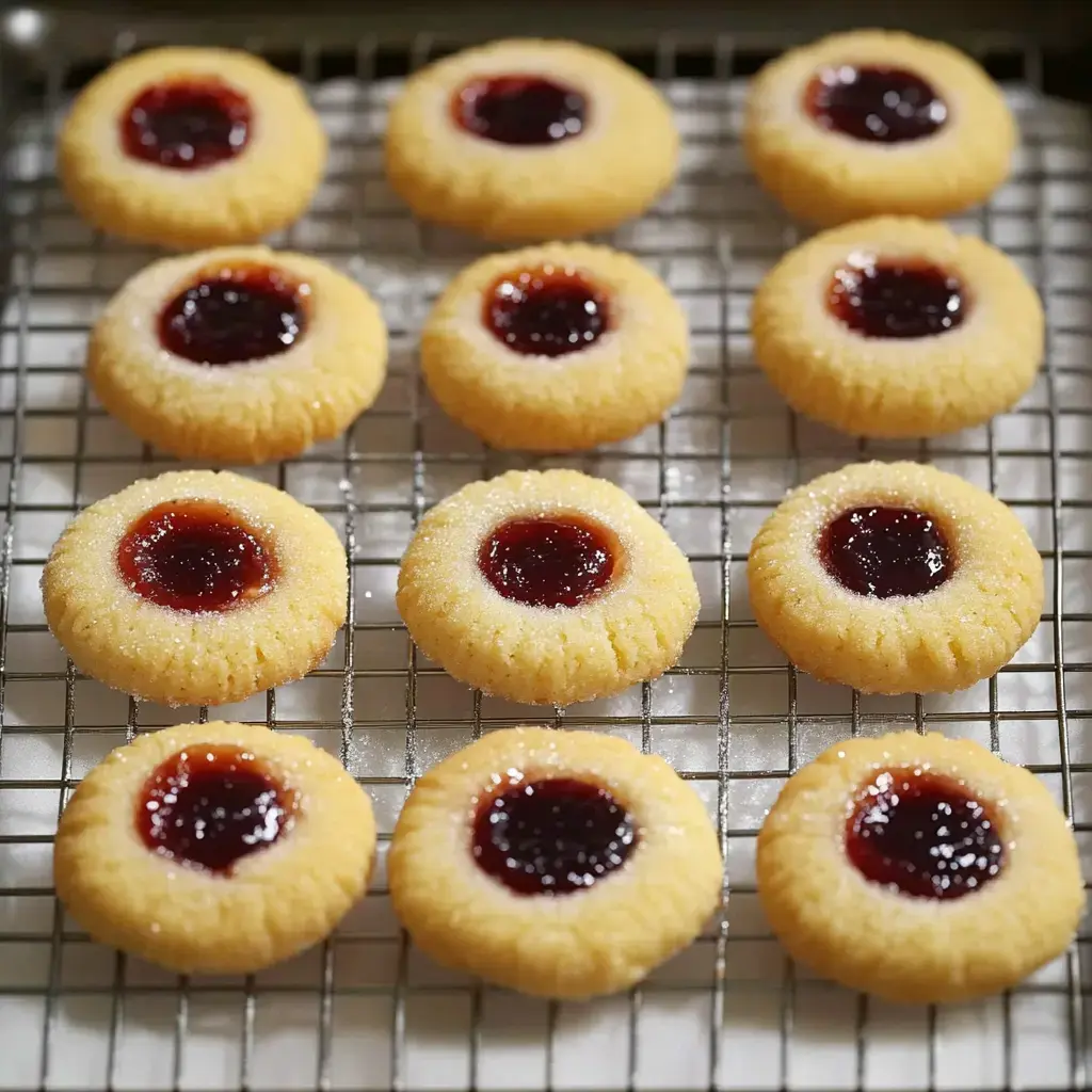 Una bandeja de galletas redondas con borde azucarado y centro de mermelada roja.