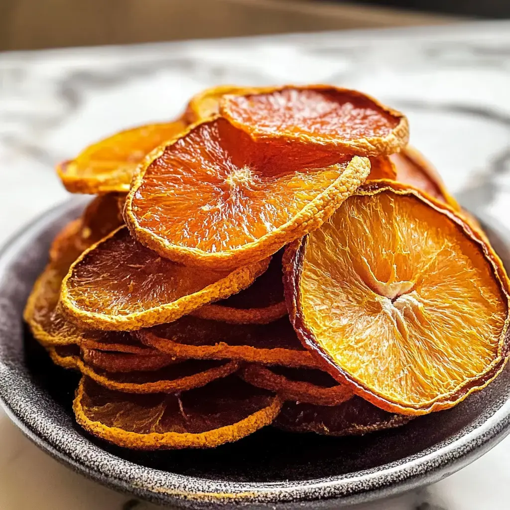 Un primer plano de un plato con rodajas de naranja secas apiladas.