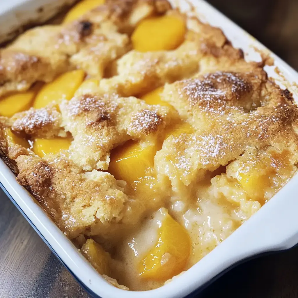 Un primer plano de cobbler de durazno recién horneado con cubierta dorada y decorado con azúcar glas.