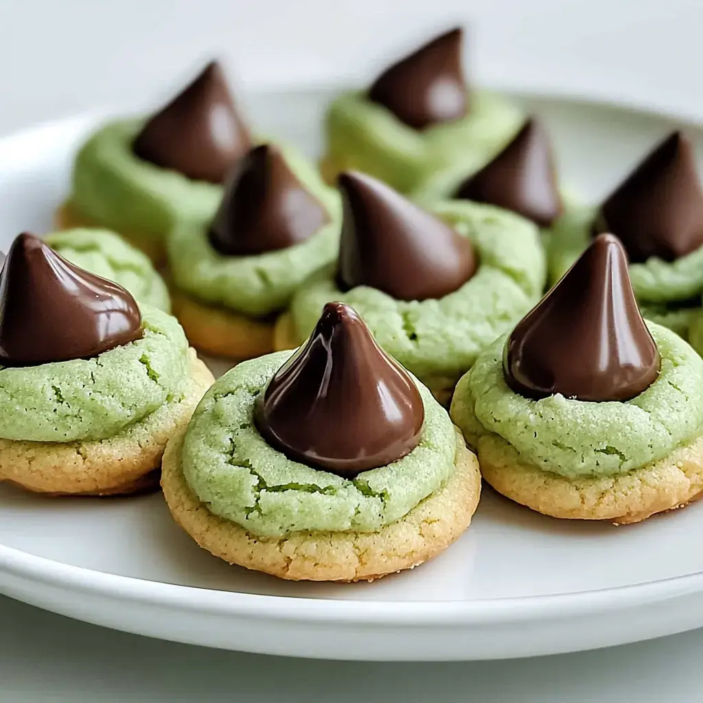 Un plato de galletas verdes cubiertas con besos de chocolate.