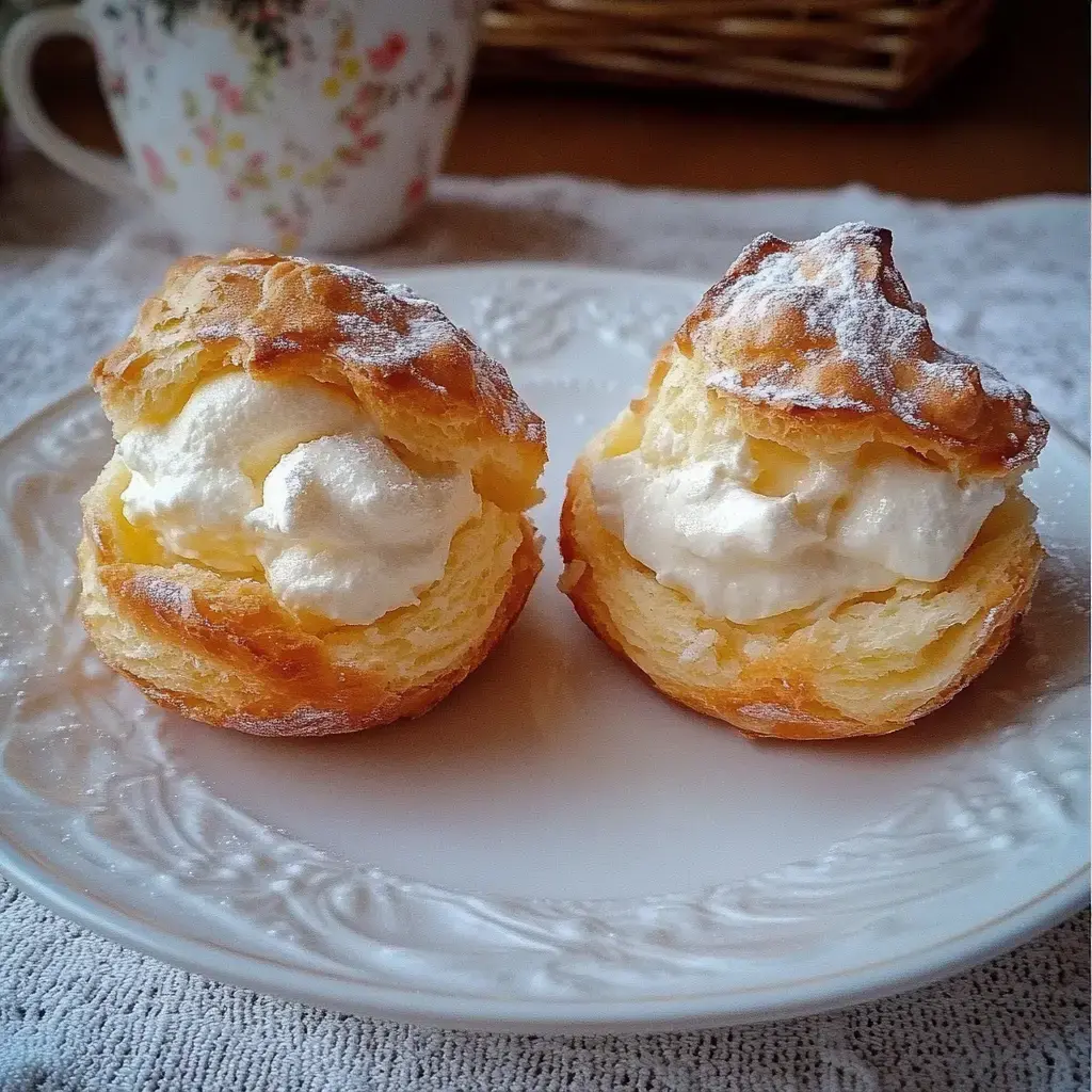Dos pasteles rellenos de crema con azúcar glas en un plato decorativo.