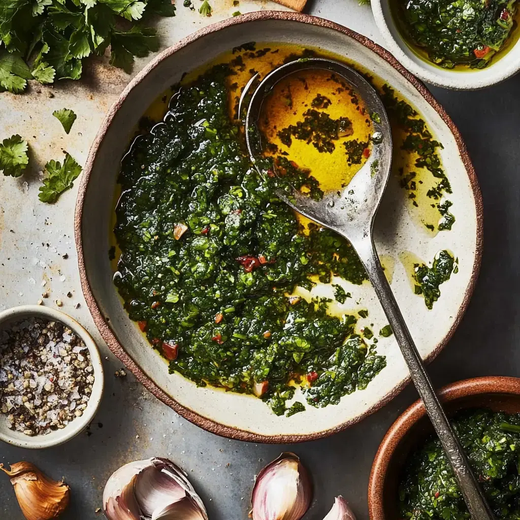 Un tazón con una vibrante salsa chimichurri verde, acompañado de una cuchara de plata, rodeado de dientes de ajo, sal y hierbas frescas.