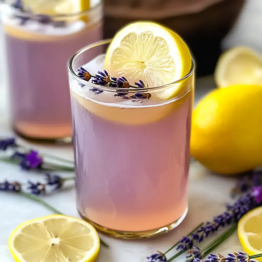Una refrescante limonada de lavanda adornada con rodajas de limón y ramitas de lavanda, con más limones y lavanda al fondo.