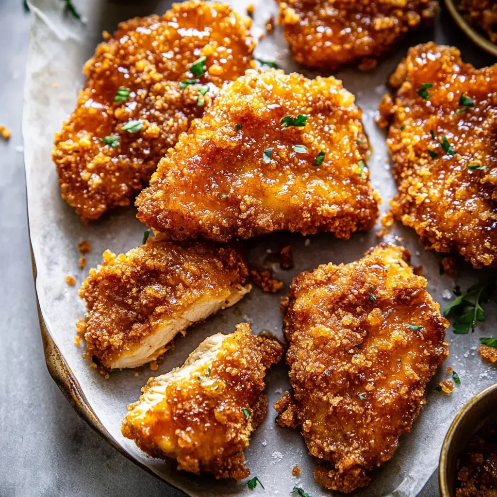 Un plato de piezas de pollo crujientes bañadas con una glaseada dulce y decoradas con hierbas frescas.