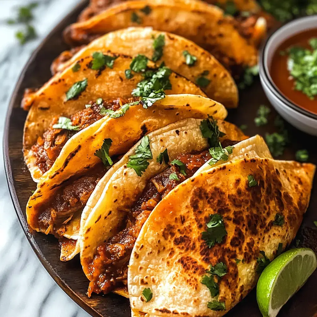 Un plato con tacos a la parrilla rellenos de carne, decorados con cilantro, acompañados de un bol de salsa y una rodaja de limón.
