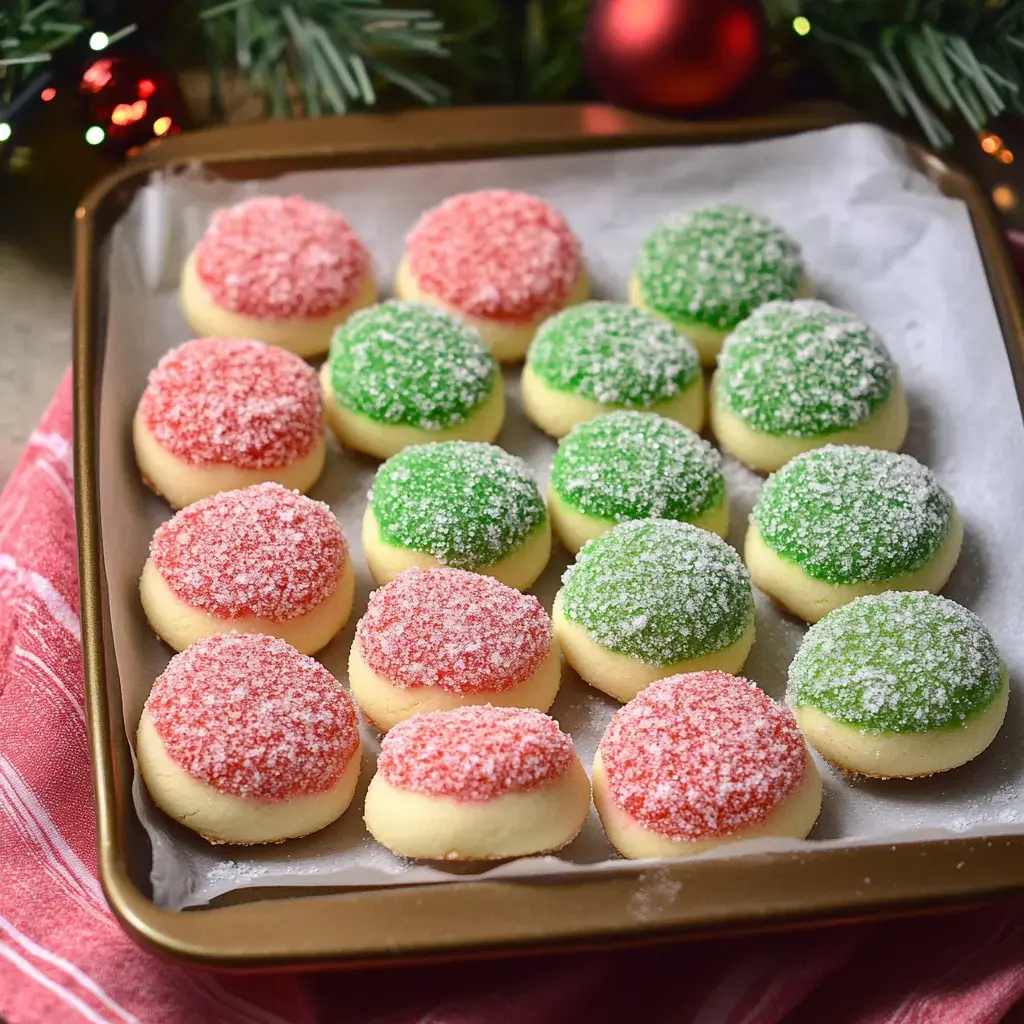 Una bandeja de galletas navideñas coloridas con toques de rojo y verde sobre una base cremosa, decoradas para un fondo festivo.