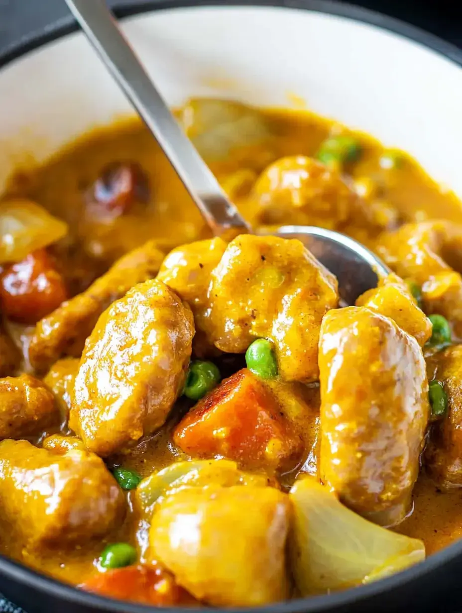Un acercamiento de un cuenco con curry que incluye pedazos tiernos de carne, zanahorias y guisantes verdes en una salsa dorada y cremosa.