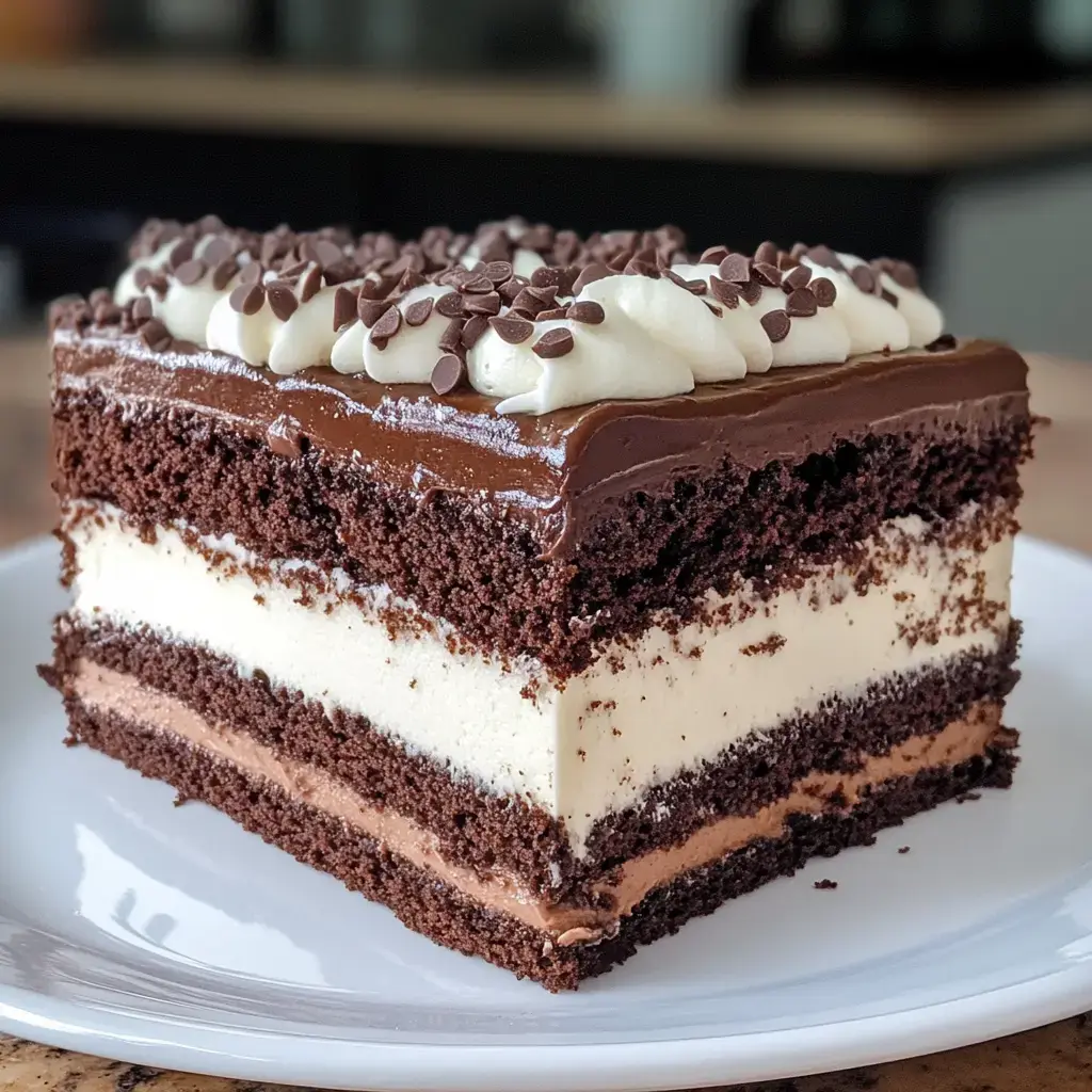 Rebanada de torta de chocolate con capas de crema y decorada con chispas de chocolate.