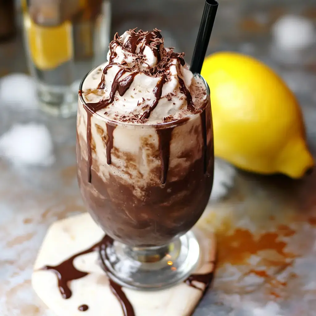 Bebida de postre con chocolate, crema batida y chocolate derretido encima, servida con un limón al fondo.