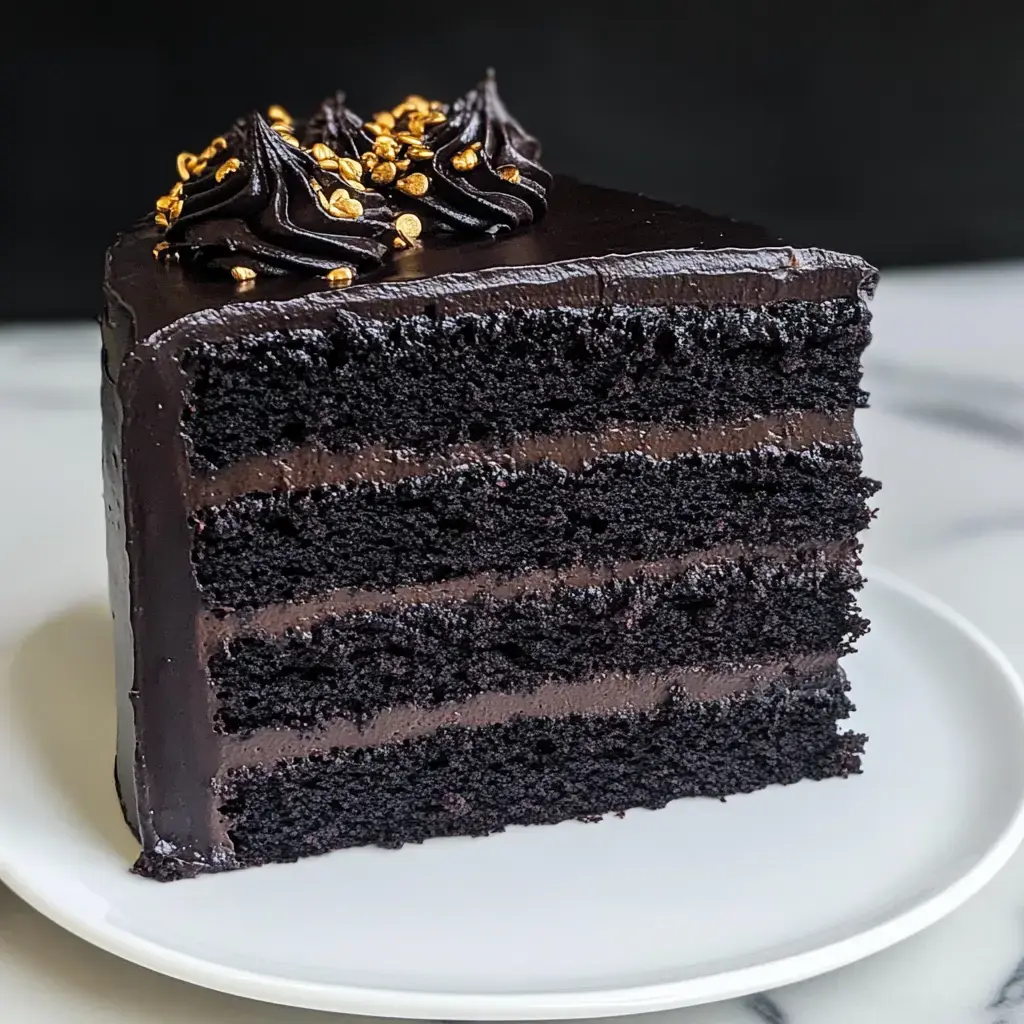 Un trozo de pastel de chocolate oscuro con un glaseado oscuro y decorado con chispas doradas. Se observan múltiples capas de bizcocho y relleno.