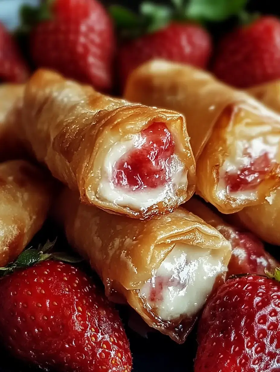 Zoom a rollitos dorados y crujientes rellenos de crema y fresas, rodeados de fresas frescas.