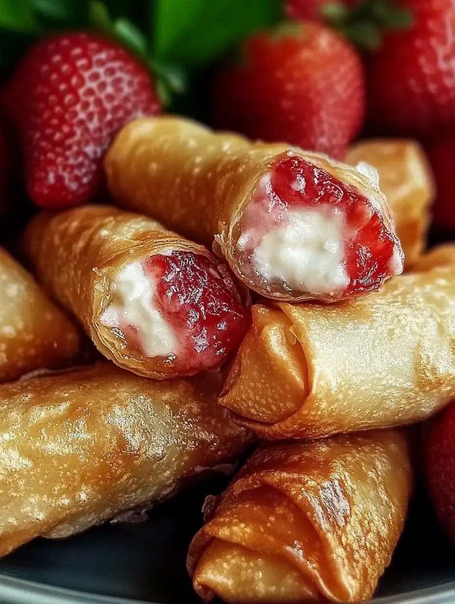 Vista cercana de rollitos crujientes rellenos de fresas y crema, rodeados de fresas frescas.