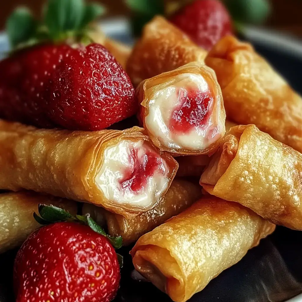 Detalle de rollitos dorados y crujientes rellenos de crema blanca y fruta roja, con fresas frescas al lado.