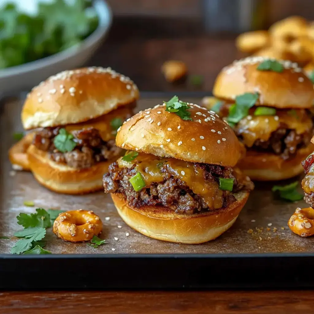 Tres sliders con queso y carne, coronados con cebollino y cilantro sobre bandeja de madera, con un bol de cilantro y snacks de fondo.