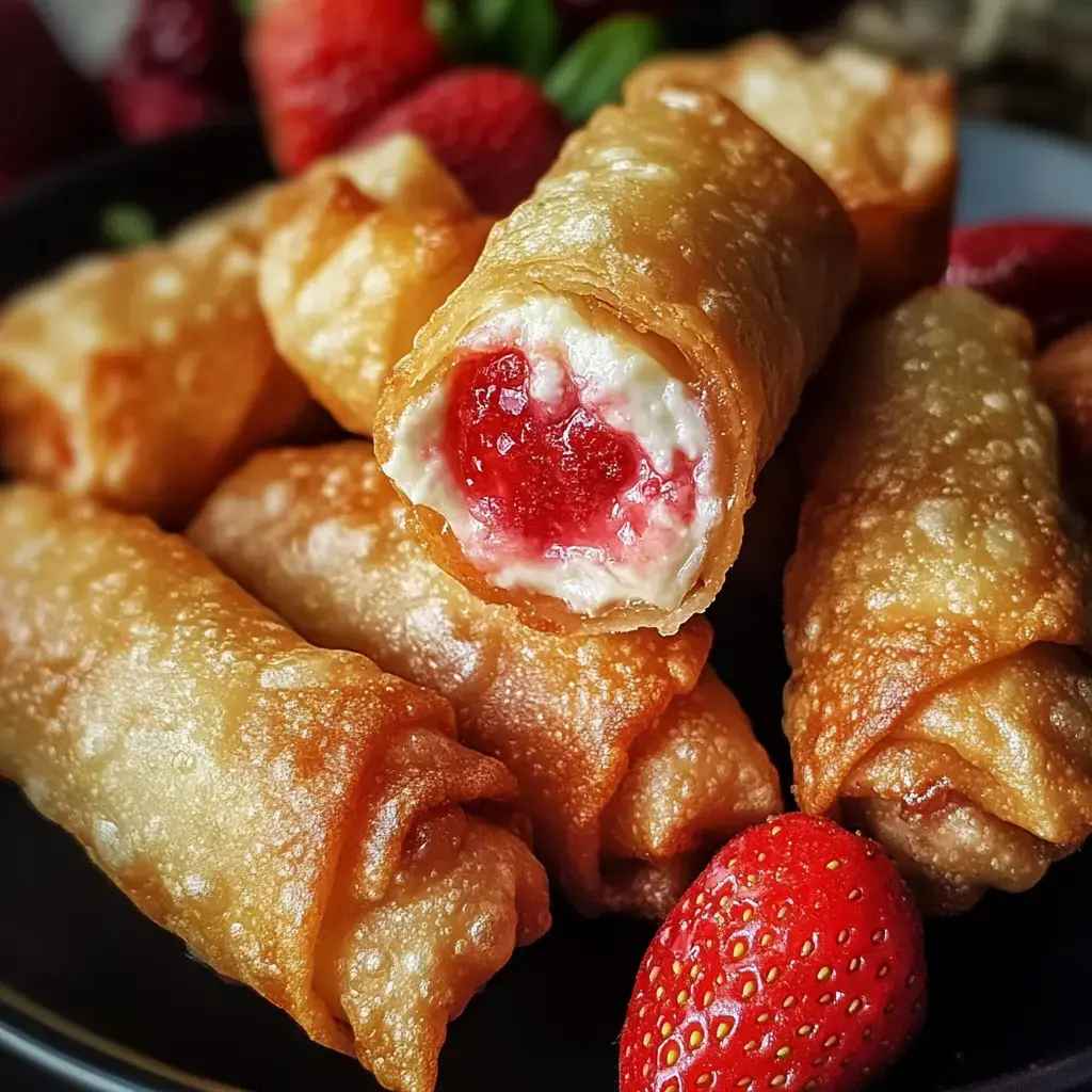 Zoom a rollitos fritos dorados con mezcla cremosa de fresa por dentro, rodeados de fresas frescas.