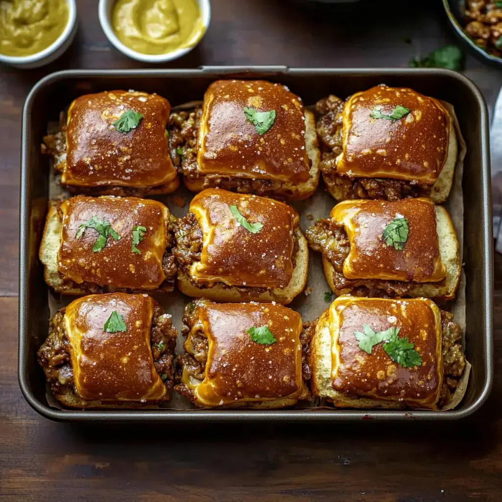 Bandeja con sliders recién hechos, coronados con cilantro; al lado, cuencos de mostaza.
