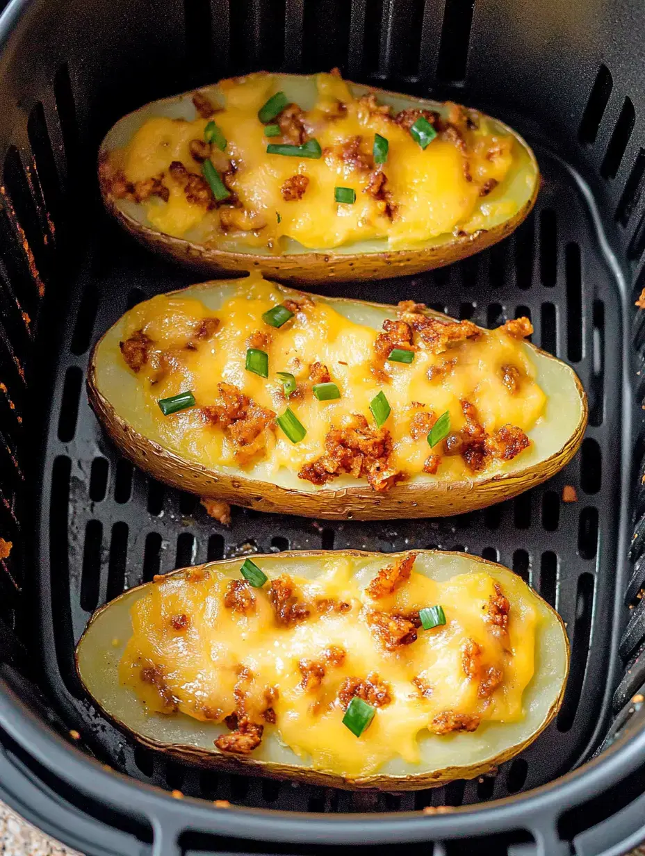 Tres papas rellenas con queso fundido y cebolleta, dentro de una freidora de aire.