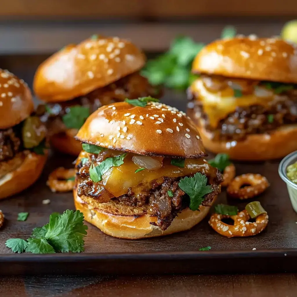 Cerca de sliders con sésamo rellenos de carne, queso derretido y hierbas, sobre tabla de madera con pretzels y un cuenco de salsa.