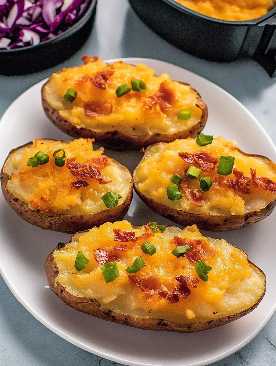 Cuatro mitades de papa rellenas con queso, bacon y cebolleta en un plato, rodeadas de bowls con col morada y una salsa cremosa.