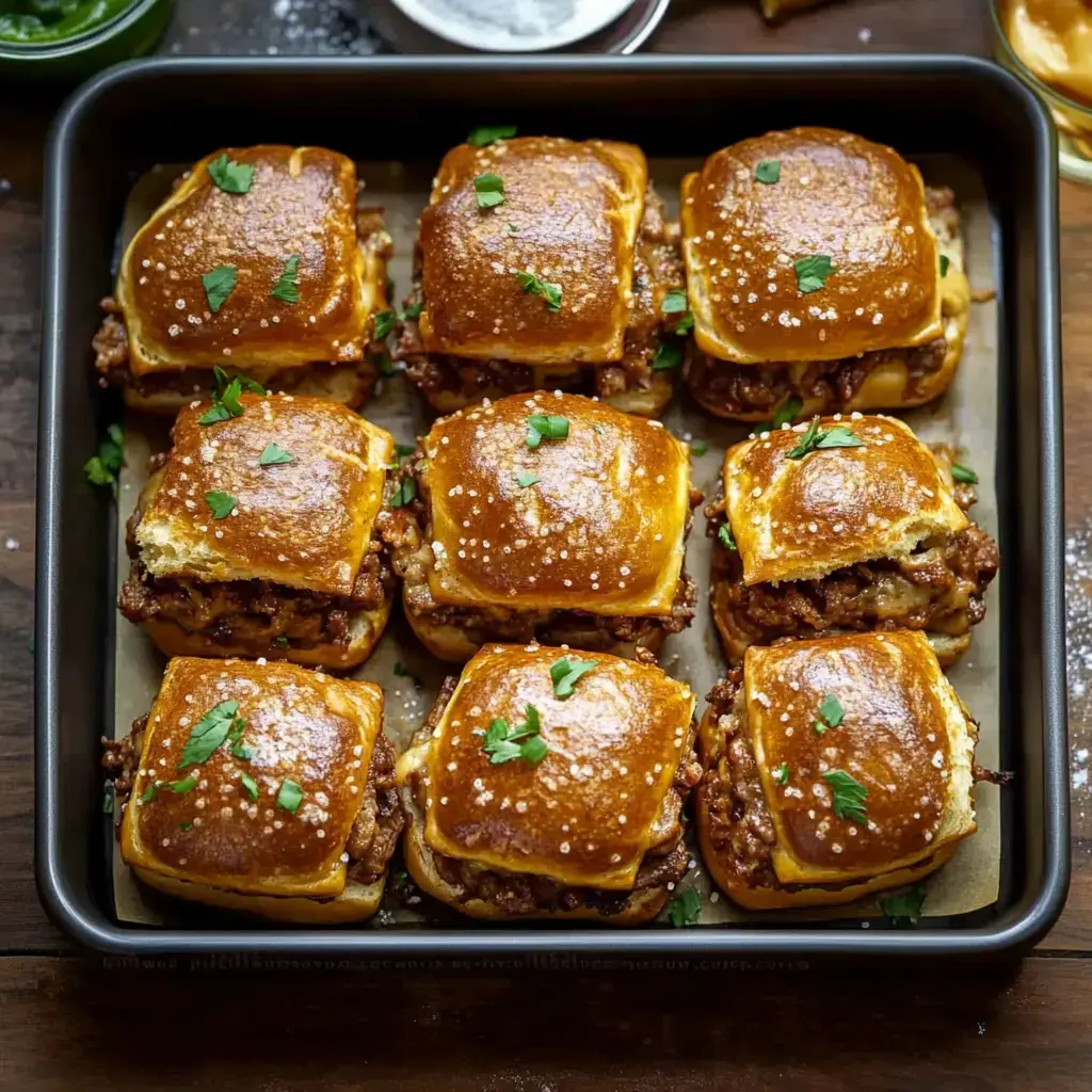 Bandeja con sliders dorados y esponjosos, rellenos de carne y con hierbas frescas por arriba.