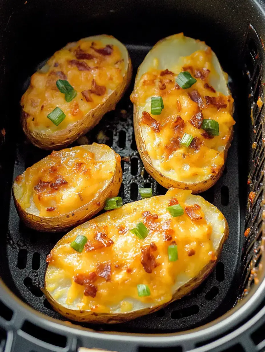Cuatro mitades de papa con queso, bacon y cebolleta, en la cesta de una freidora de aire.