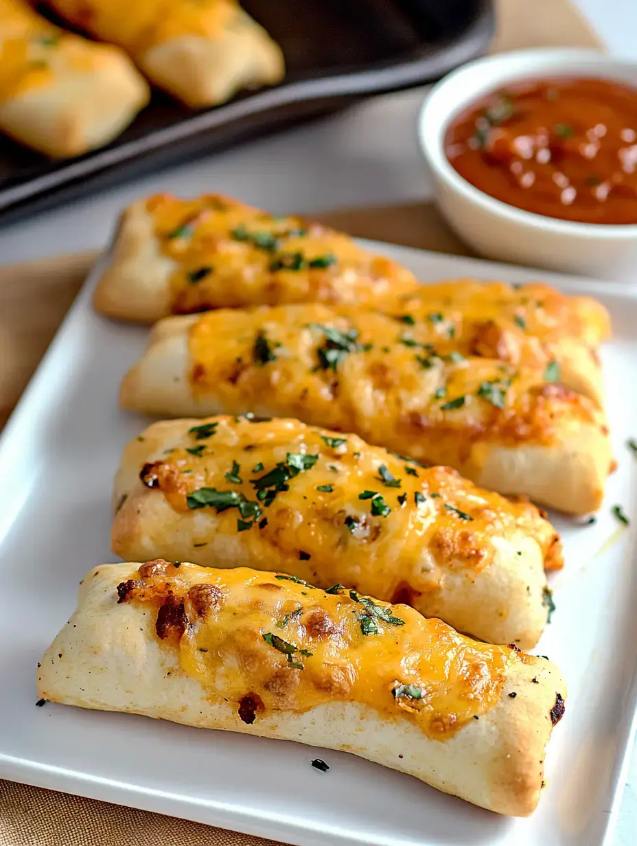 Un plato con cuatro palitos de pan con queso y hierbas, acompañados de un cuenquito de salsa marinara.