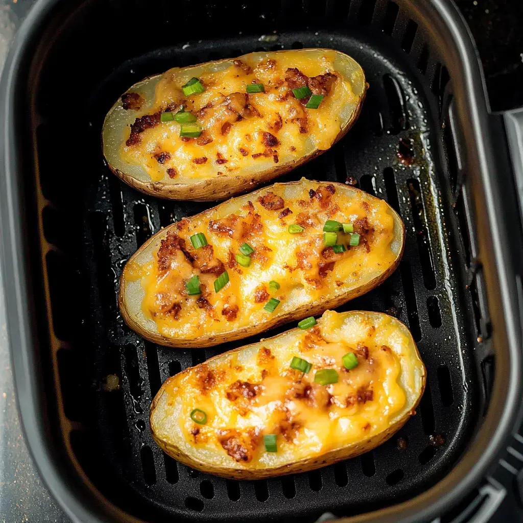 Tres papas rellenas con queso fundido y cebolleta en una freidora de aire.