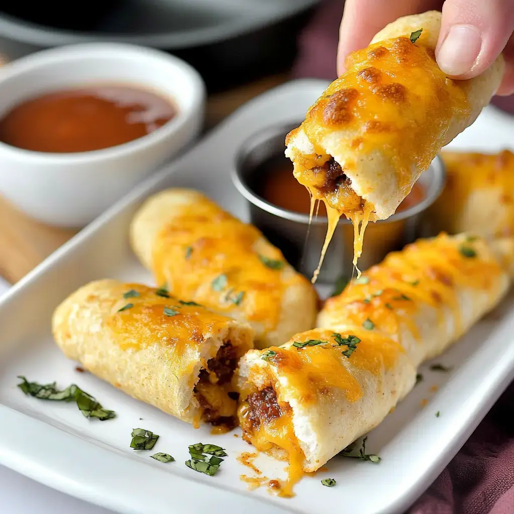 Una mano toma un rollo relleno de carne y queso de un plato, con más rollos y salsas para dipear alrededor.