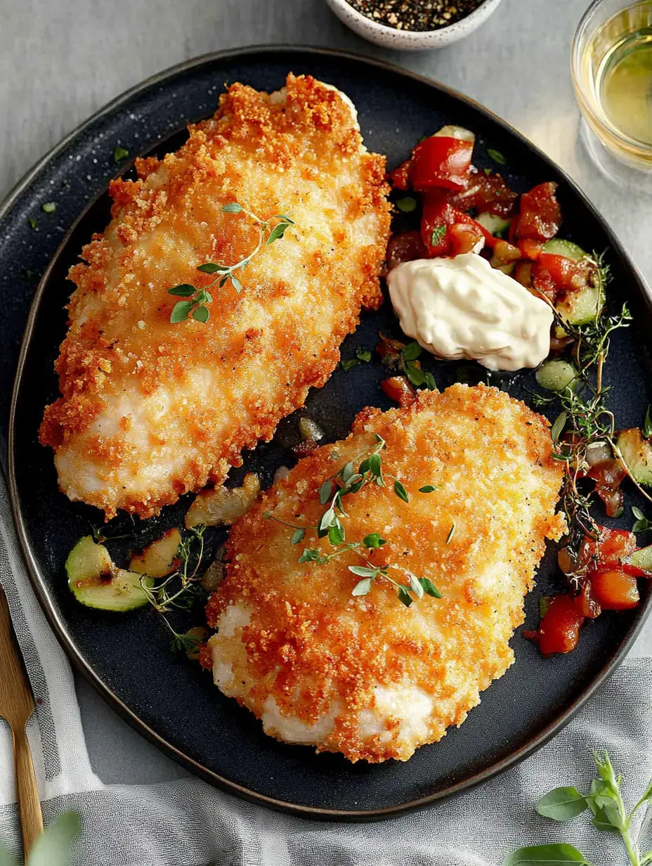 Un plato negro con dos filetes de pescado rebozados y crujientes, decorados con hierbas, acompañado de una ensalada fresca de tomate y pepino, y una cucharada de mayonesa.