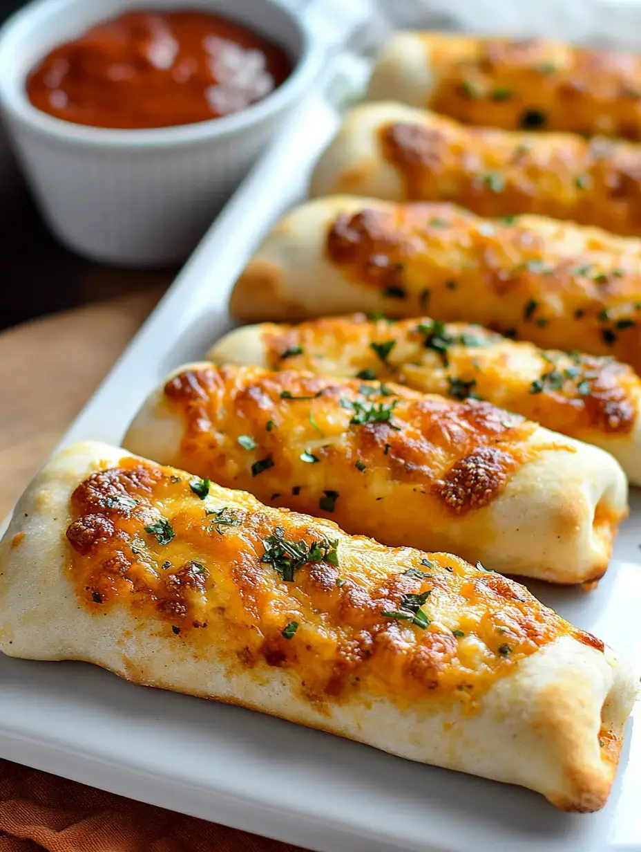 Sobre un plato hay varios palitos rellenos de queso, doraditos y con hierbas, y aparte un recipiente pequeño de salsa.