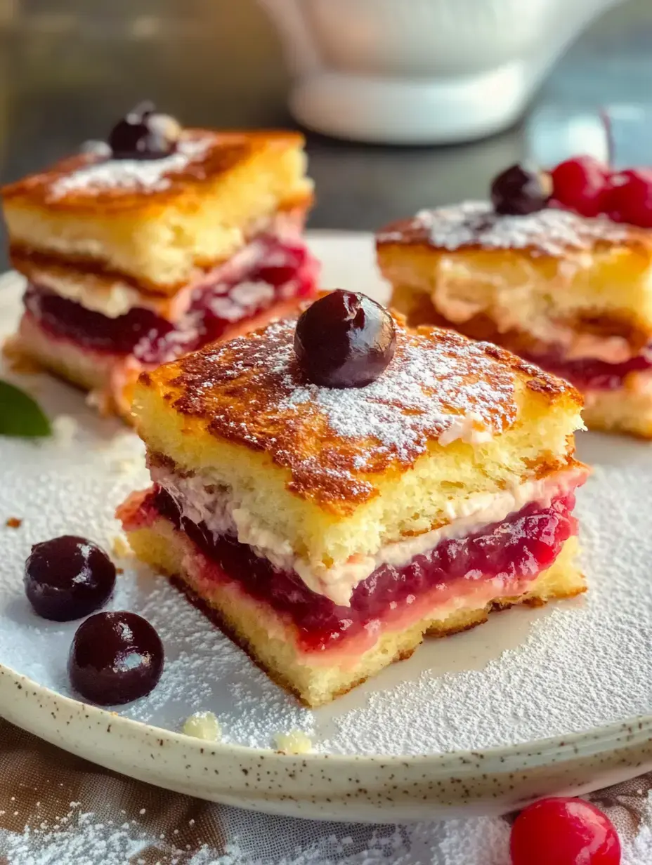 Primer plano de pastelitos en capas con crema y mermelada, coronados con una cereza y azúcar glas.