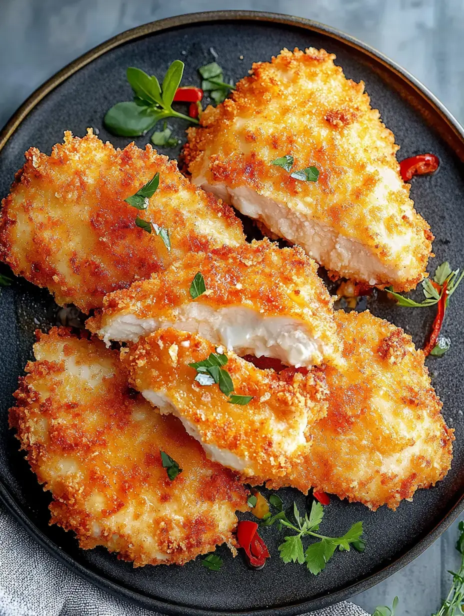 Un plato con piezas de pollo empanadas y doradas, decoradas con hierbas frescas y chiles.