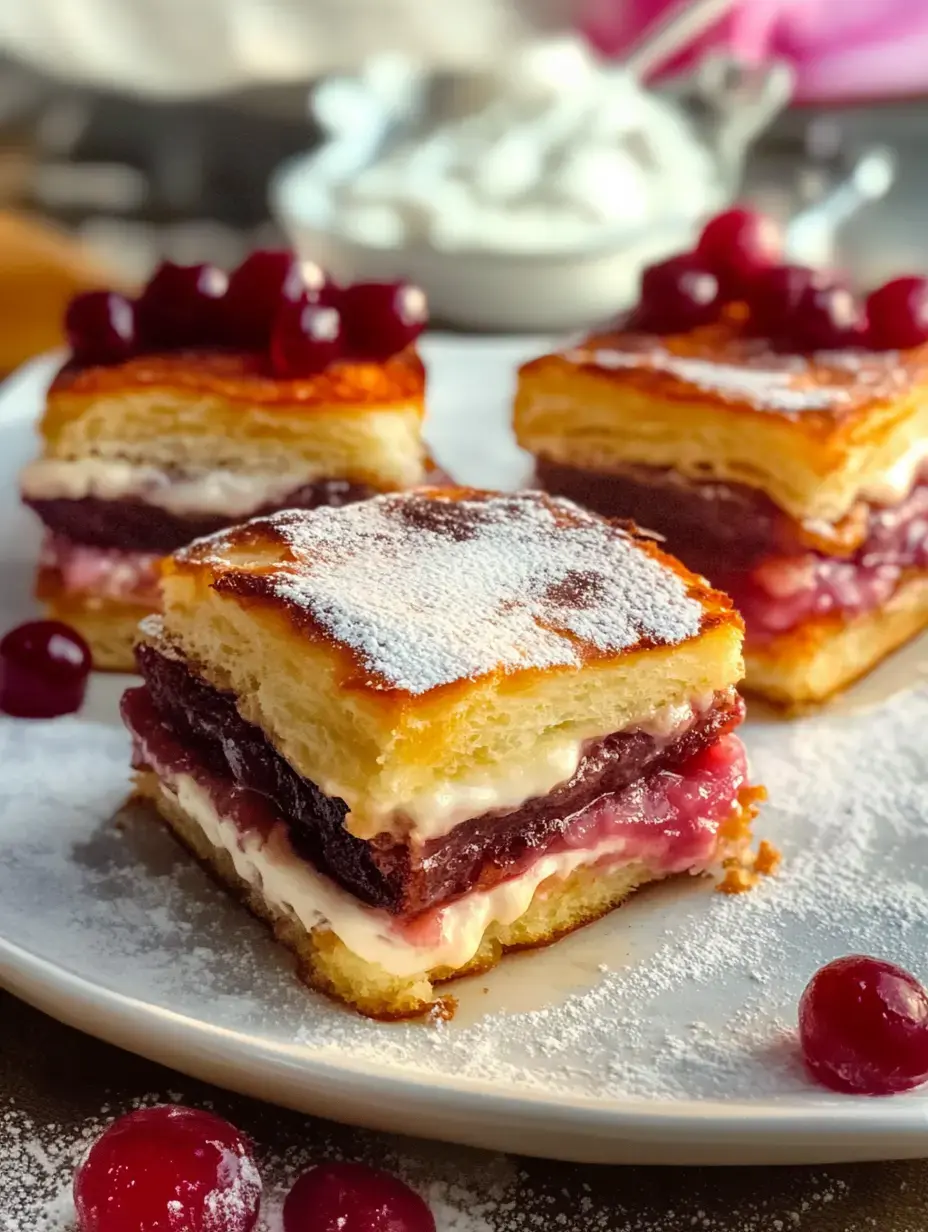 Cerca de pastelitos en porciones con crema y mermelada, coronados con cerezas y azúcar glas en plato blanco.