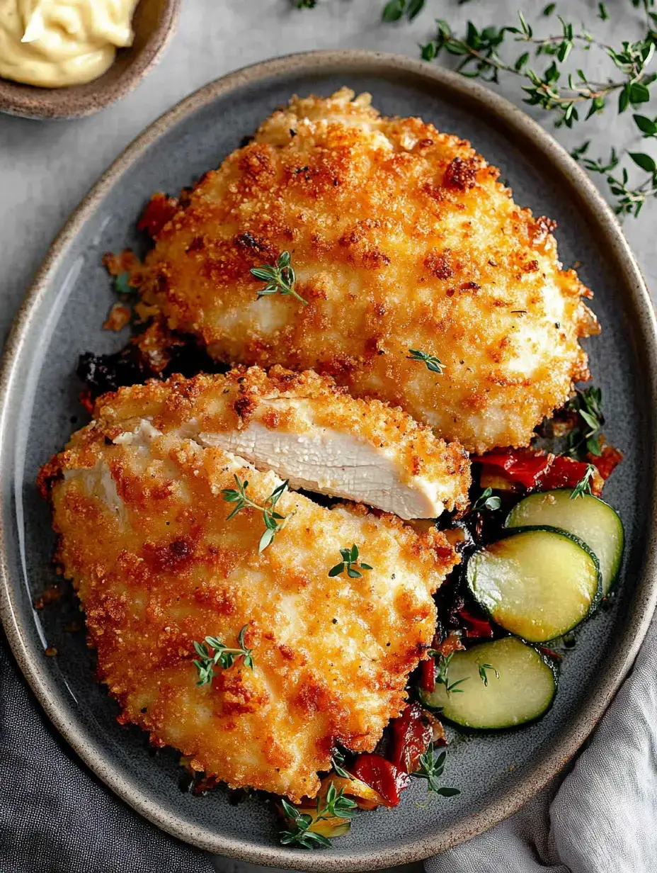 Pechugas de pollo empanizadas y doradas con tomillo fresco, servidas con verduras salteadas y mayonesa al lado.