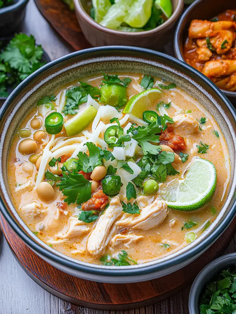 Un tazón de sopa cremosa de pollo adornado con cilantro fresco, rodajas de lima, jalapeños y fideos, acompañado de tazones con lima, lechuga y salsas picantes.