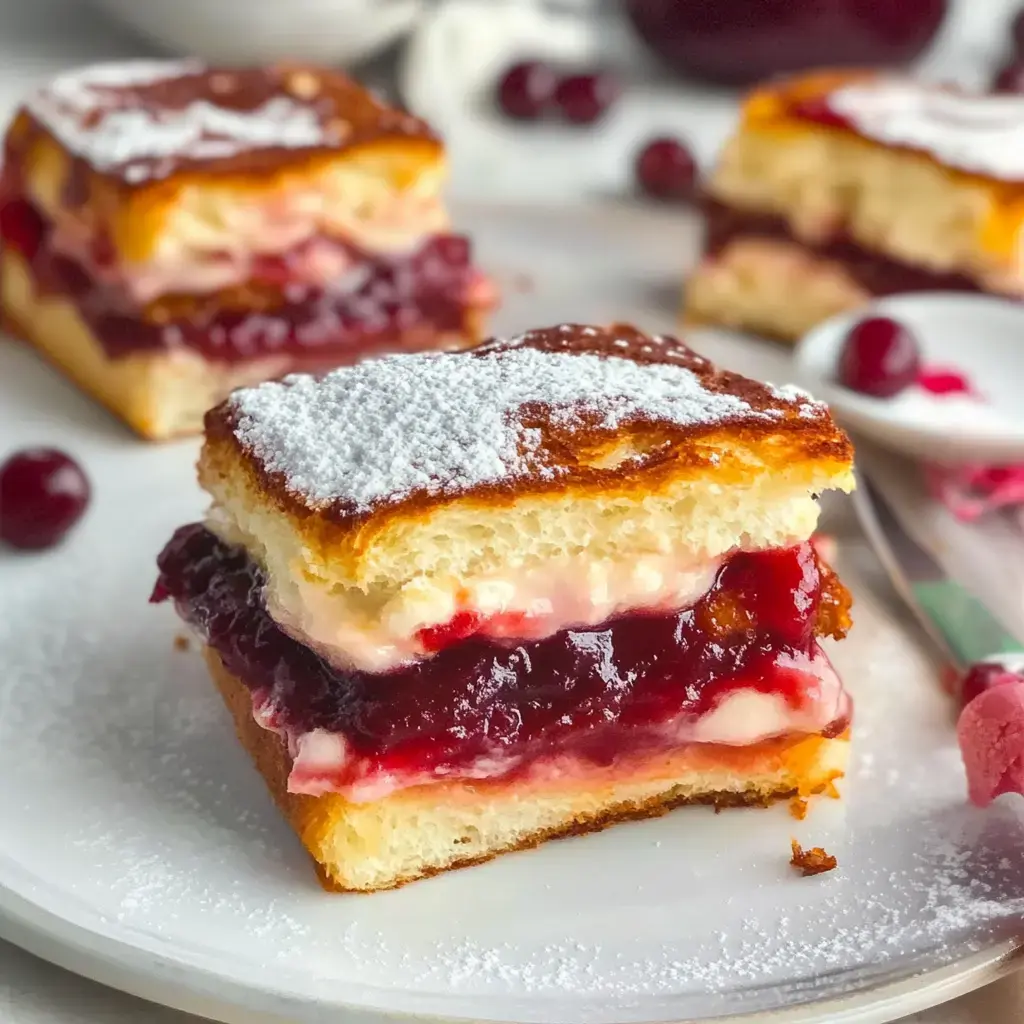 Cerca de un pastelito en capas con bollito suave, crema y mermelada de frutos rojos, espolvoreado con azúcar glas en plato blanco.