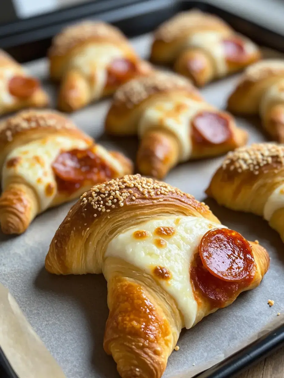 Una bandeja de croissants horneados rellenos de queso y cubiertos con rodajas de chorizo, espolvoreados con semillas de sésamo.
