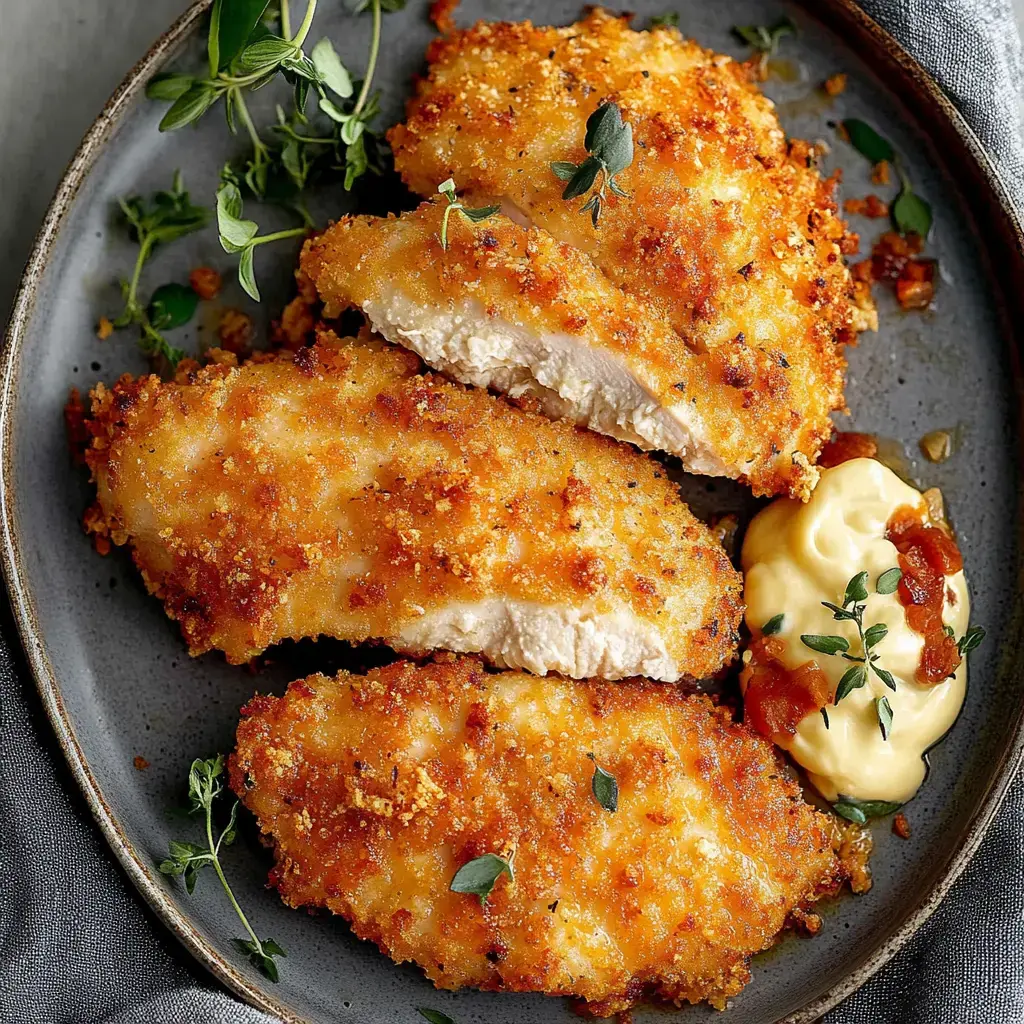 Filletes de pollo empanizados y dorados decorados con hierbas frescas, servidos con una salsa cremosa.