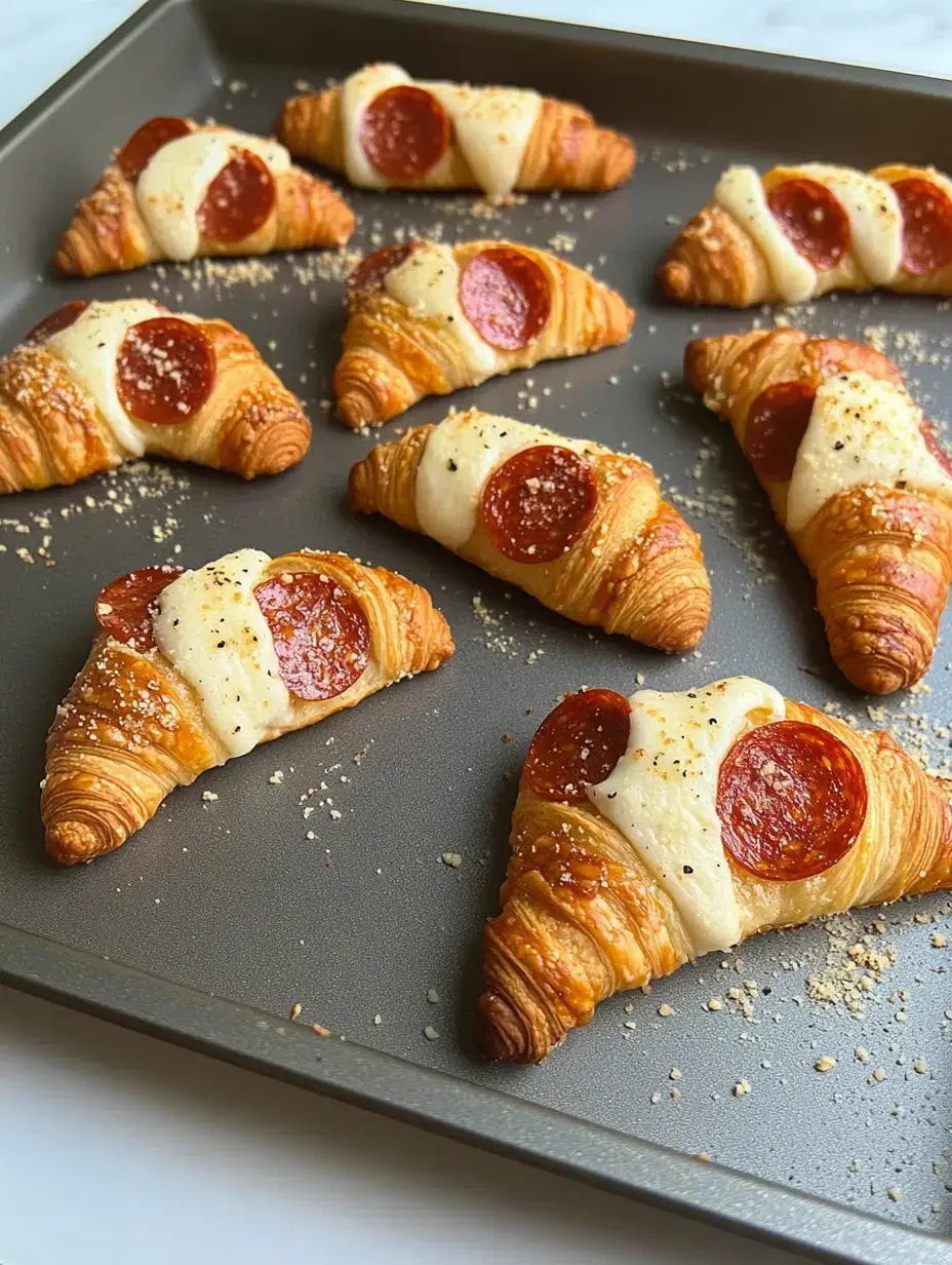 Una bandeja de croissants recién horneados cubiertos con rodajas de chorizo y queso derretido.