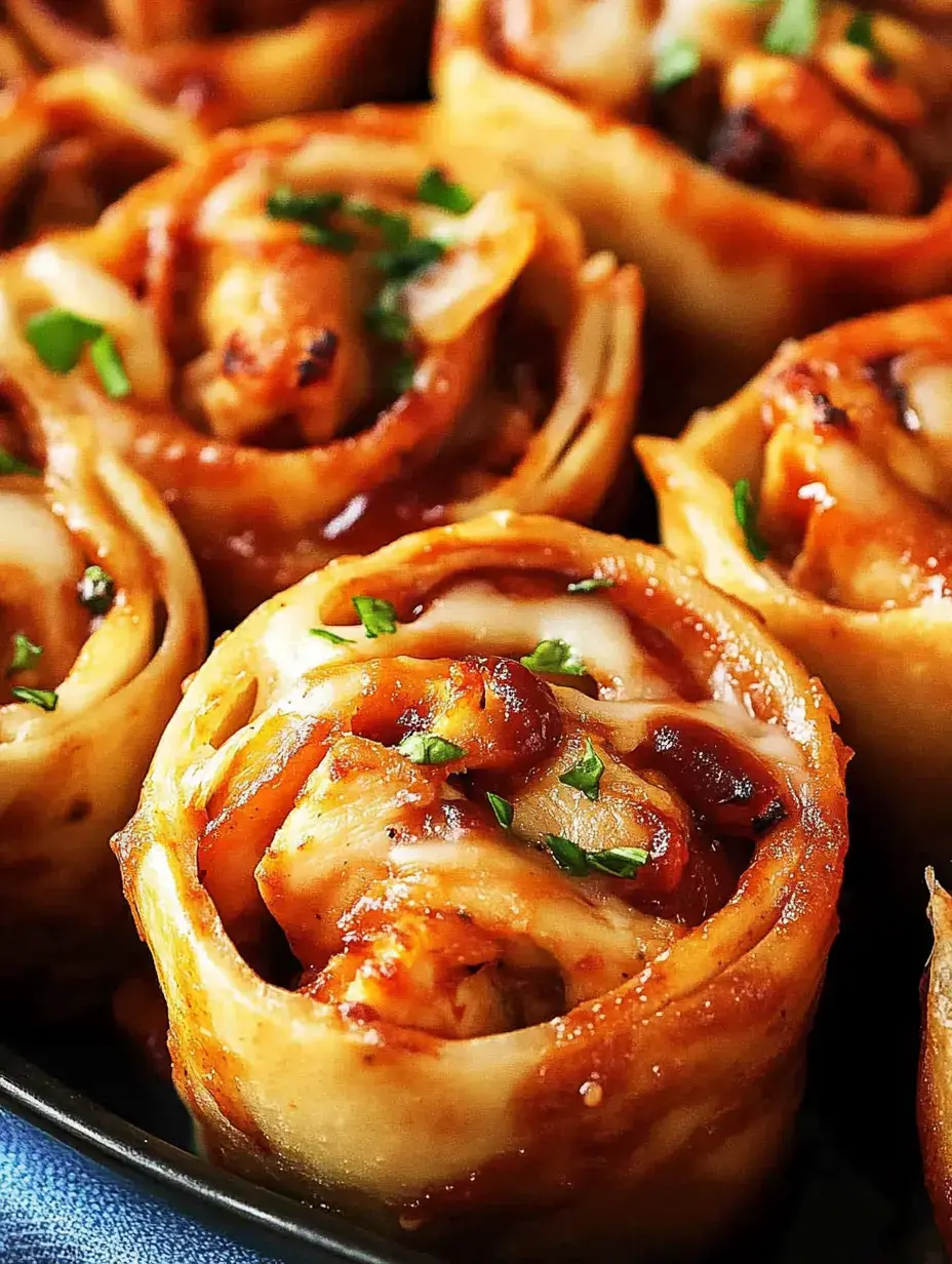 Cerca de un rollo relleno de pollo, queso y salsa, adornado con perejil picado.