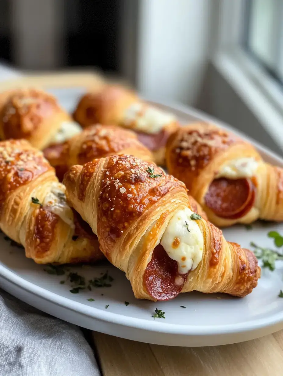 Un plato de croissants recién horneados rellenos de queso y chorizo, adornados con hierbas.
