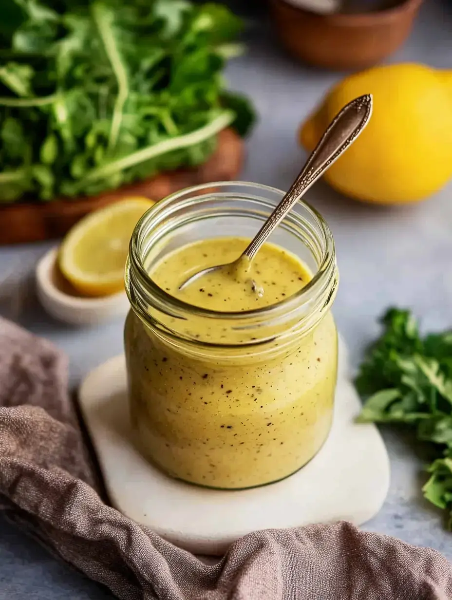 Un frasco de aderezo cremoso amarillo sobre una superficie clara, rodeado de verduras frescas y rodajas de limón.