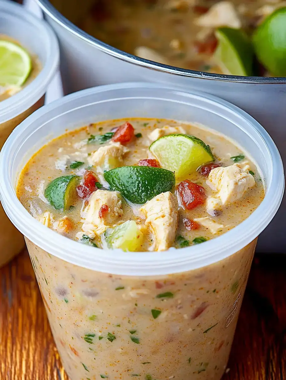 Primer plano de un envase con sopa cremosa de pollo decorada con gajos de lima y hierbas.